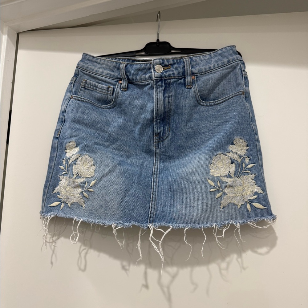 PacSun Light Blue Denim Mini Skirt with White Floral Embroidery